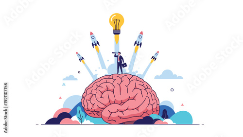 Visionary leader stands on giant brain looking through telescope with rockets launching to symbolize innovation and big ideas.