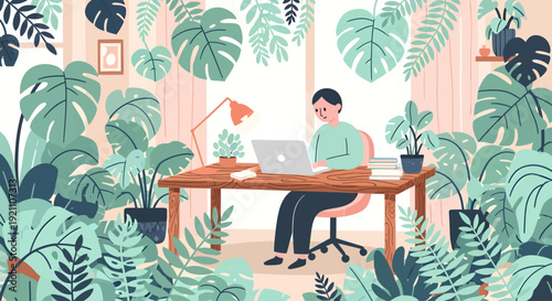 A person works on a laptop at a desk in a home office, completely surrounded by a lush indoor jungle of green houseplants.