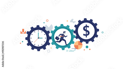 Business efficiency and time management illustrated by a businessman running through gears with a clock and money symbol.