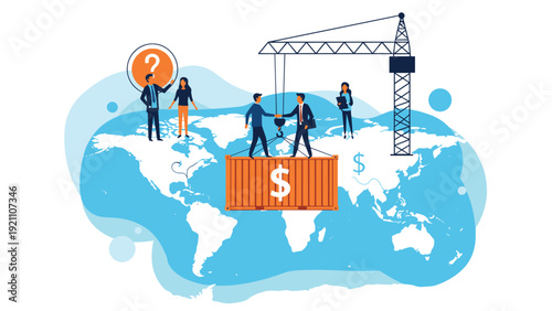 International trade and logistics team coordinating the shipment of goods across a world map using a heavy industrial crane.