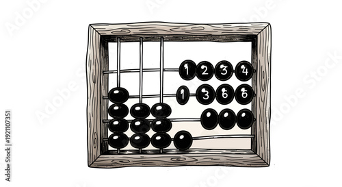 Hand-drawn illustration of a vintage wooden abacus with numbered beads for calculation.