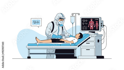 Medical specialist wearing a protective hazmat suit examining a patient on a hospital bed with an advanced vital monitor.