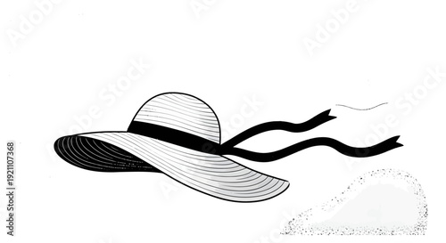 A black and white line drawing of a wide-brimmed sun hat with a black ribbon flowing in the wind.