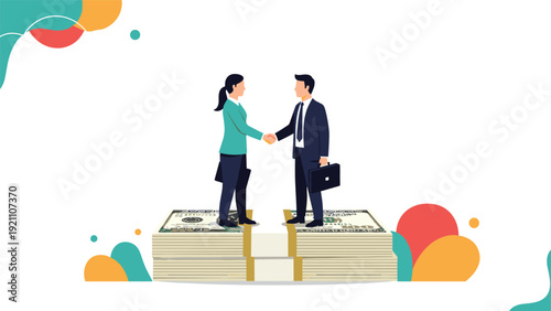 Professional man and woman shaking hands while standing on a large stack of money to represent financial success and deals.