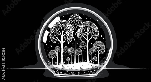 A minimalist black and white illustration of a stylized forest with intricate trees enclosed within a glass sphere or terrarium.