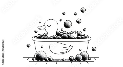 A charming black and white illustration of a rubber duck enjoying a relaxing bubble bath in a tub.
