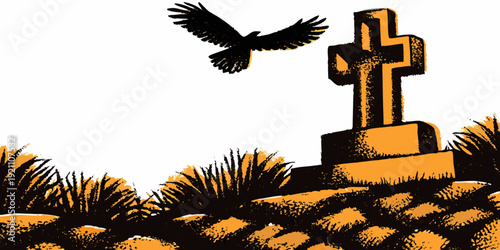A black raven flies over a weathered tombstone in a graveyard scene