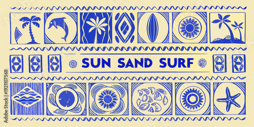 Vintage blue and white tropical pattern with sun sand and surf text