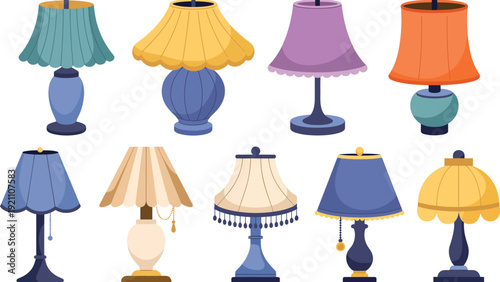 Colorful lamp icon collection. Includes table lamps, floor lamps, and desk lamps. Created in flat style with pastel colors