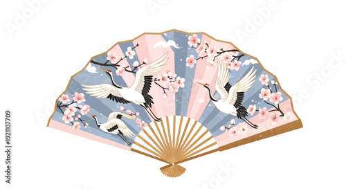 An elegant Japanese folding fan decorated with cranes and pink cherry blossoms on a blue and pink background, isolated on white.