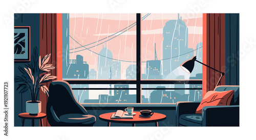 Cozy modern apartment living room with a large window view of a rainy futuristic cityscape.