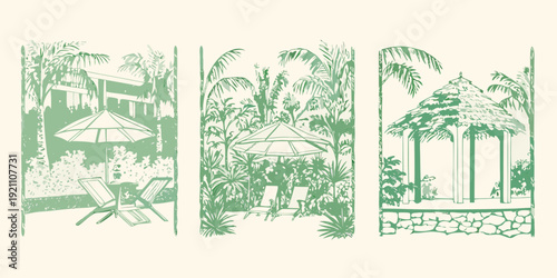 Tropical resort scenes with palm trees umbrellas and building facades