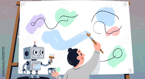 A person and a friendly robot painting together on a large canvas, illustrating creative collaboration with technology.