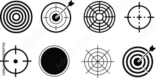 Target icon collection. Includes bullseye, shooting, archery, and dartboard symbols. Created in minimalist line style with black and white palette