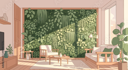 A sunlit living room interior featuring a lush vertical garden wall, modern wooden furniture, and a warm, cozy atmosphere.