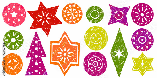 Colorful childlike drawings of various stars and geometric shapes