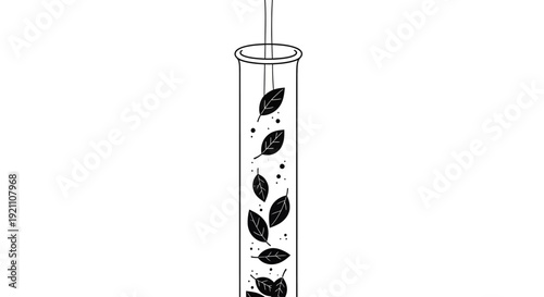Scientific illustration of a botanical experiment with leaves floating in a solution within a test tube.