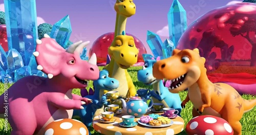 Wallpaper Mural Colorful cartoon dinosaurs enjoying a tea party in a vibrant landscape with crystals and bubbles Torontodigital.ca