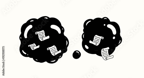 A conceptual black and white illustration of two amorphous blobs containing scrolls, symbolizing data, information, or ideas.