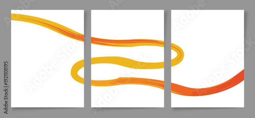 Abstract vector illustration featuring dynamic, winding, bright orange and yellow brushstroke lines displayed across a minimalist triptych wall art design.
