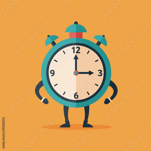 A whimsical alarm clock character with arms and legs, set at 3 o'clock