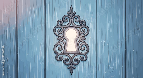 An ornate, decorative metal keyhole with intricate scrollwork set in a blue painted wooden door, glowing from within.