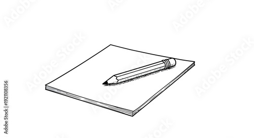 A simple black and white line drawing of a sharpened pencil resting on a blank pad of paper.