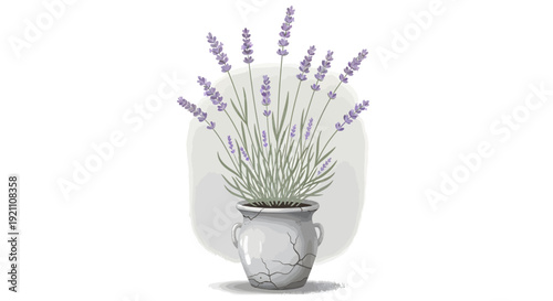 A beautiful watercolor illustration of a lavender plant in a rustic, cracked ceramic pot against a plain background.