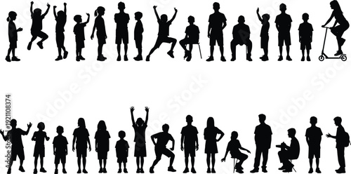 Black silhouettes of children in various poses on white background kids people human figures