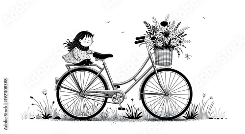 A charming black and white illustration of a little girl sitting on the back of a bicycle with a basket full of flowers.