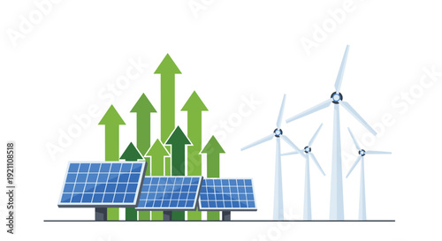 Solar panels and wind turbines with rising green arrows illustrating growth of renewable energy sources on a white background, Generative AI.