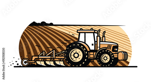 Agricultural tractor plowing brown striped field preparing soil for planting in a farm landscape on a white background, Generative AI.