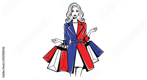 A stylish woman with red lipstick holds multiple shopping bags while wearing a red and blue coat, Generative AI.