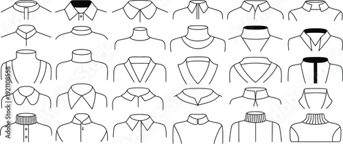 Shirt collar icon collection. Includes various neckties, bowties, collared shirts, and neckwear. Created in line style with black and white palette.