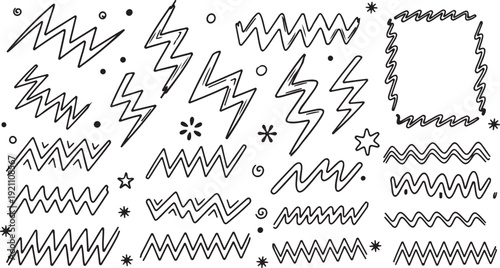 Hand Drawn Doodle Elements in Black and White with Zigzag Patterns and Stars for Graphic Design
