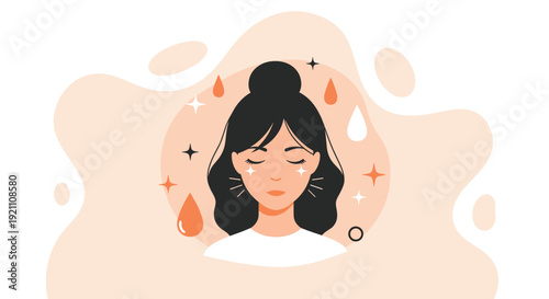 A young woman's face with closed eyes is depicted with glowing stars and liquid droplets symbolizing hydration and radiance, Generative AI.
