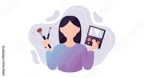 Stylized woman holds various makeup tools including brushes in one hand and an open eyeshadow palette in the other, Generative AI.