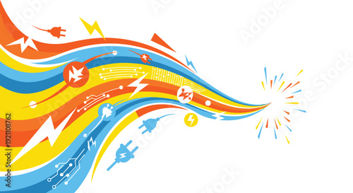 Abstract background features multiple colorful wavy lines electric lightning bolts power plugs and microchip circuit board elements, Generative AI.