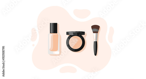 Cosmetic products including liquid foundation compact powder and a makeup brush are displayed on a clean abstract background, Generative AI.