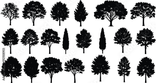 Set of diverse tree silhouettes including oak, pine, and cypress, isolated black nature icons for landscape design, environment, and forest illustrations