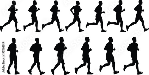 Set of male runner silhouettes in various motion phases, athletic man jogging and sprinting, fitness exercise figures for sports, marathon, health