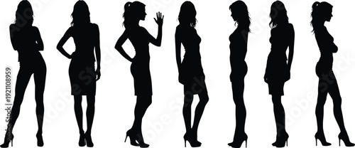 Black silhouettes of seven women in dresses and heels white background