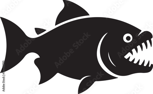 Minimalist black and white of a shark with sharp teeth and a large fin