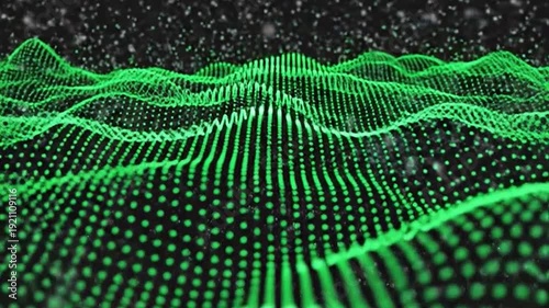 Abstract green digital wave pattern with glowing particles on a dark background
