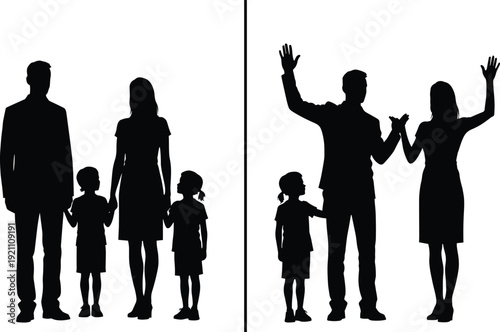 Black silhouettes of two families with parents and children family white background 1
