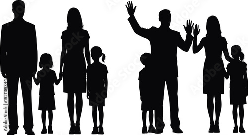 Black silhouettes of two families with parents and children family white background