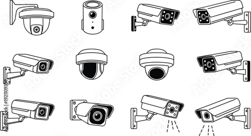 CCTV Security Camera Line Art Set with Dome and Bullet Surveillance Devices Vector Illustration Collection for Monitoring