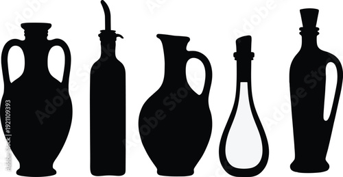 Black silhouettes of various antique bottles and jugs