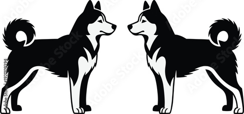 Black, husky, dog, silhouette, vector, illustration, two, dogs, siberian, husky, breed, icon, isolated, on, white, background, pet, nature, animal, graphic.