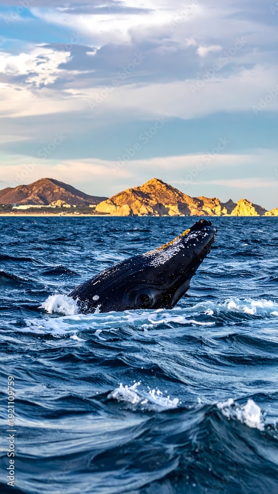 Fototapeta premium Ocean panorama with a whale breaching, distant mountains, and dramatic cloudy sky